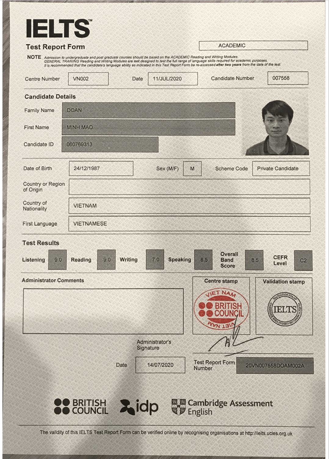 Chứng chỉ IELTS 8.5